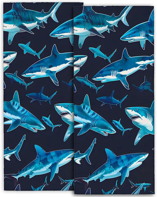 Cute Shark Hand Towels - 2 Pack, 14.5" X 28",Soft Microfiber Polyester Dark Towel Set with Bold Dynamic Sharks Pattern,for Ocean Bathroom Kitchen Spa Hotel Decor Gifts