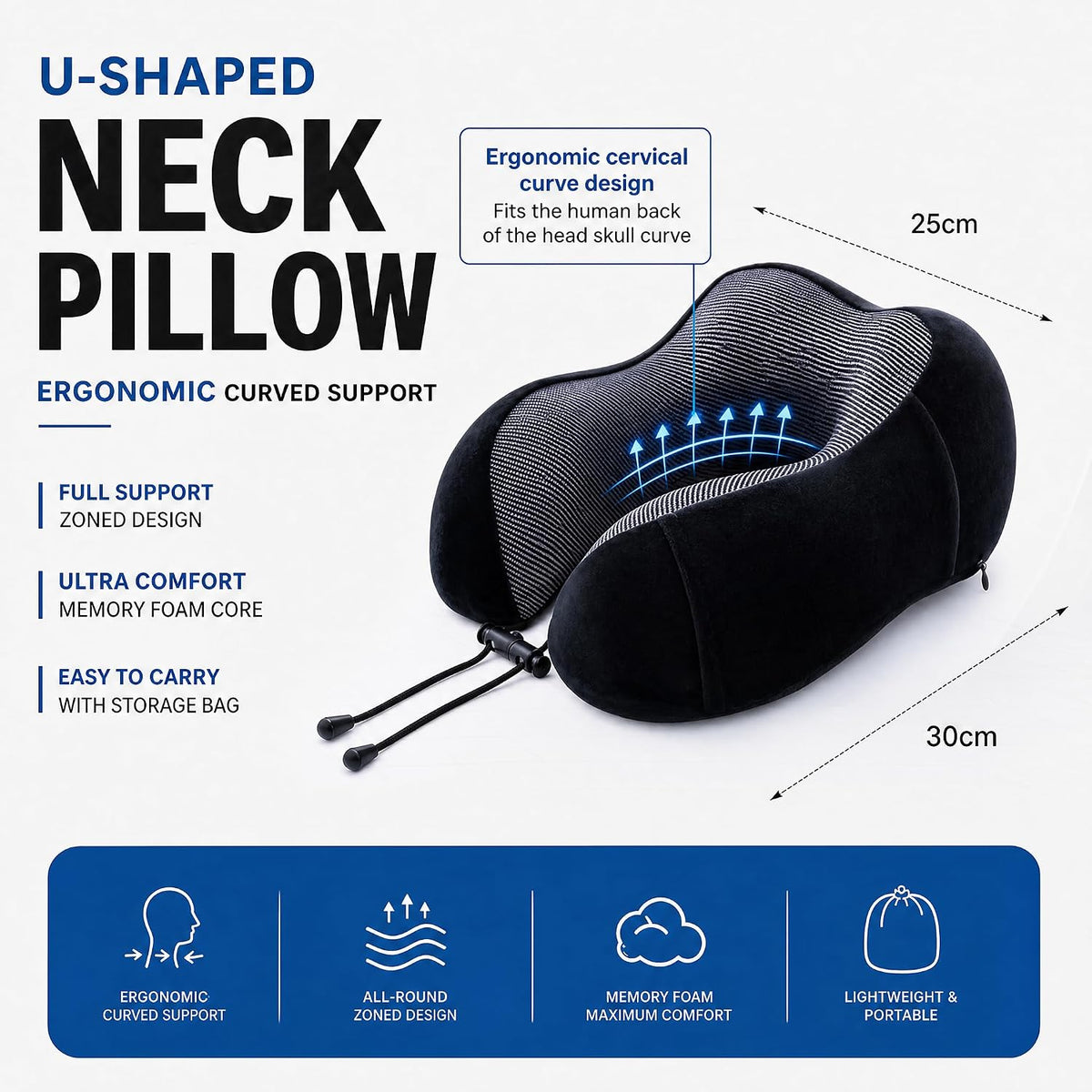 Travel Neck Pillow, Soft Memory Foam Neck Support Pillow for Airplane Car Train Office, Ergonomic Cervical Pillow with Washable Cover, Portable Travel Pillow for Neck Pain Relief Red