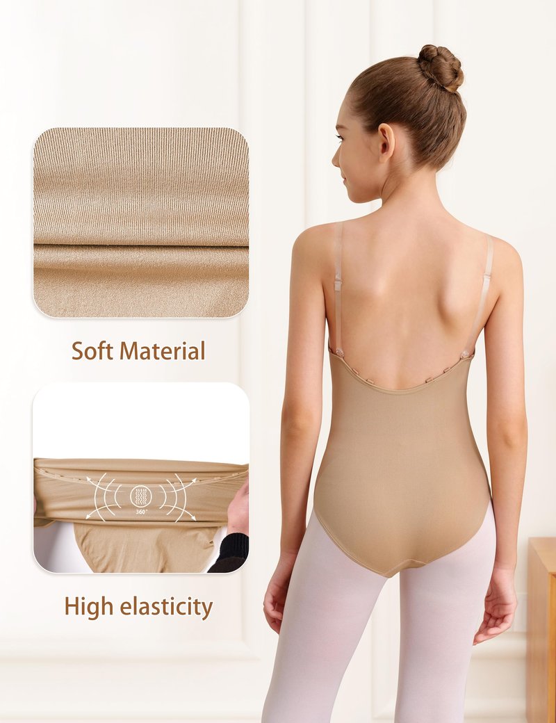 Tegmk Women and Girls Seamless Nude Leotard Camisole Dance Leotard for Ballet Undergarment Leotard with Clear Straps(FT3A12)