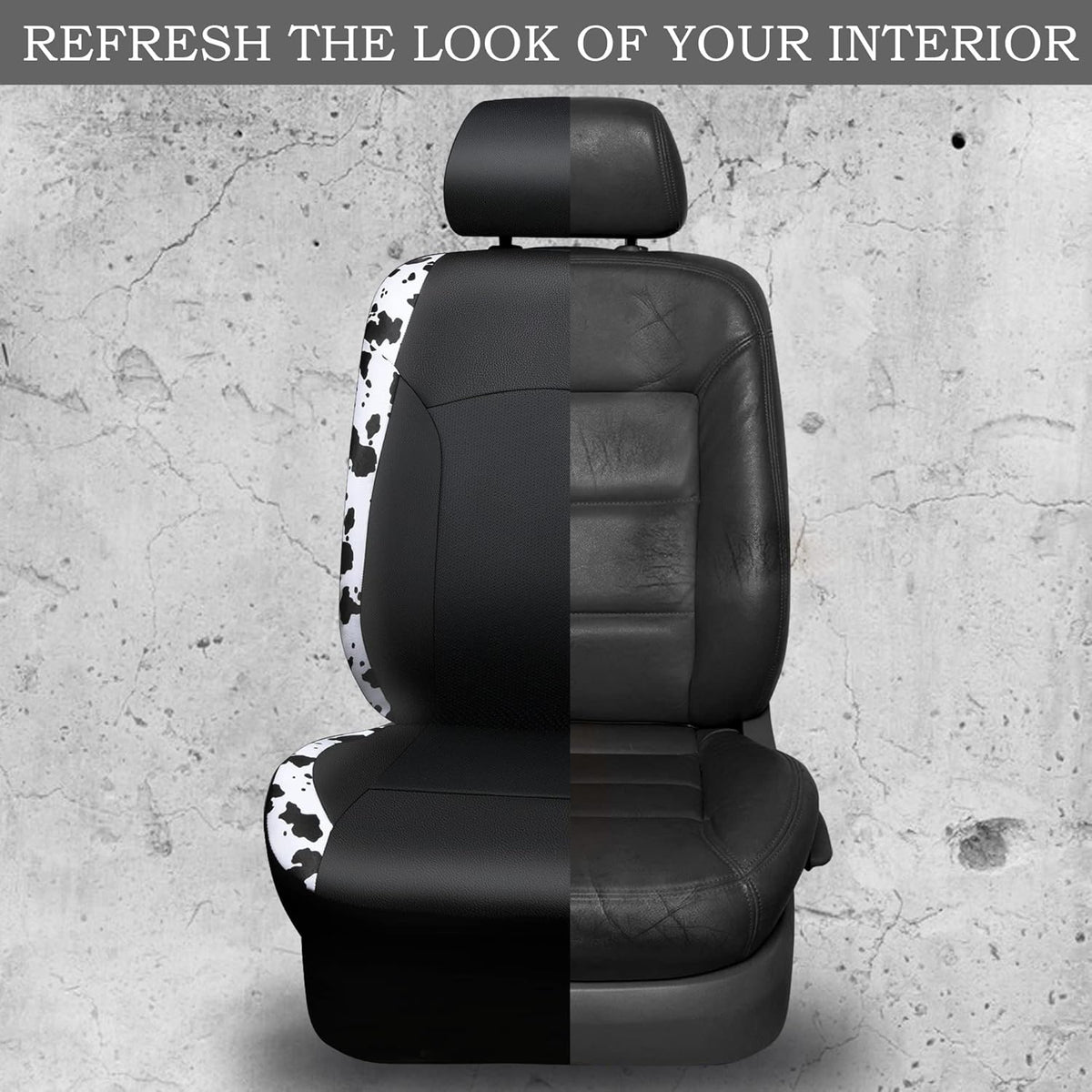 CAR-PASS Cow Print Car Accessories Sets Faux Leather Car Seat Covers & Cow Car Mats & Cow Steering Wheel Cover Seat Belt Pads Universal fit for SUV,Van,Saden,Truck Cute Automobile Interior Sets Women
