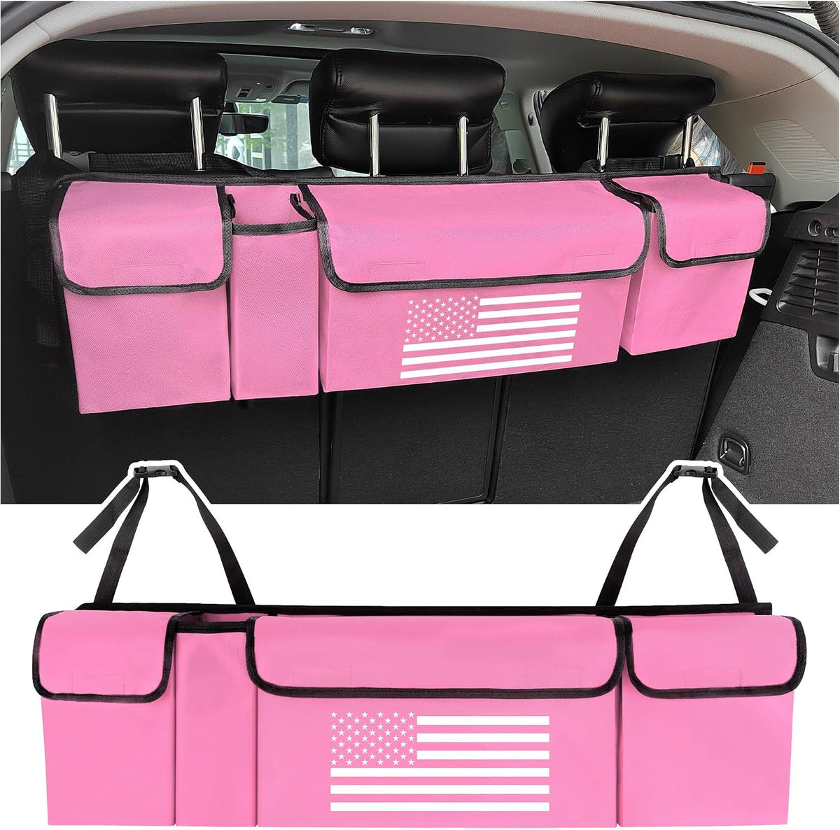 Turcee Car Trunk Organizer,Large Capacity Car Storage Organizer with US Flag Design,Hanging Foldable Car Organizers and Storage Car Interior Accessories (Black)