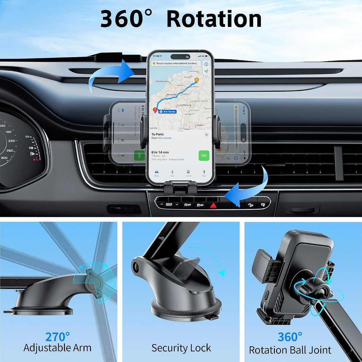 SONRU Car Phone Holder Wireless Charger, Qi 15W Wireless Car Charger Fast Charging Auto Clamping Car Charger Mount Suction Holder Dashboard Air Vent for iPhone 16/15/14/13/12/11, Samsung S25/24