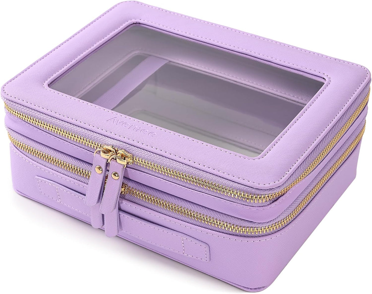 Aveniee XL Clear Makeup Organizer,Double Layer Travel Cosmetic Case with Brush Holder & Zippered Compartments,Big Toiletry Bag for Travel Accessories,2 Layers Large,Hotpink