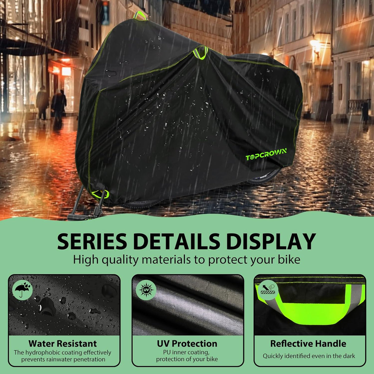 Topcrown Waterproof Bike Cover - Outdoor Storage for 3 Bikes | UV, Dust & Wind Protection, XXXL Black & Green
