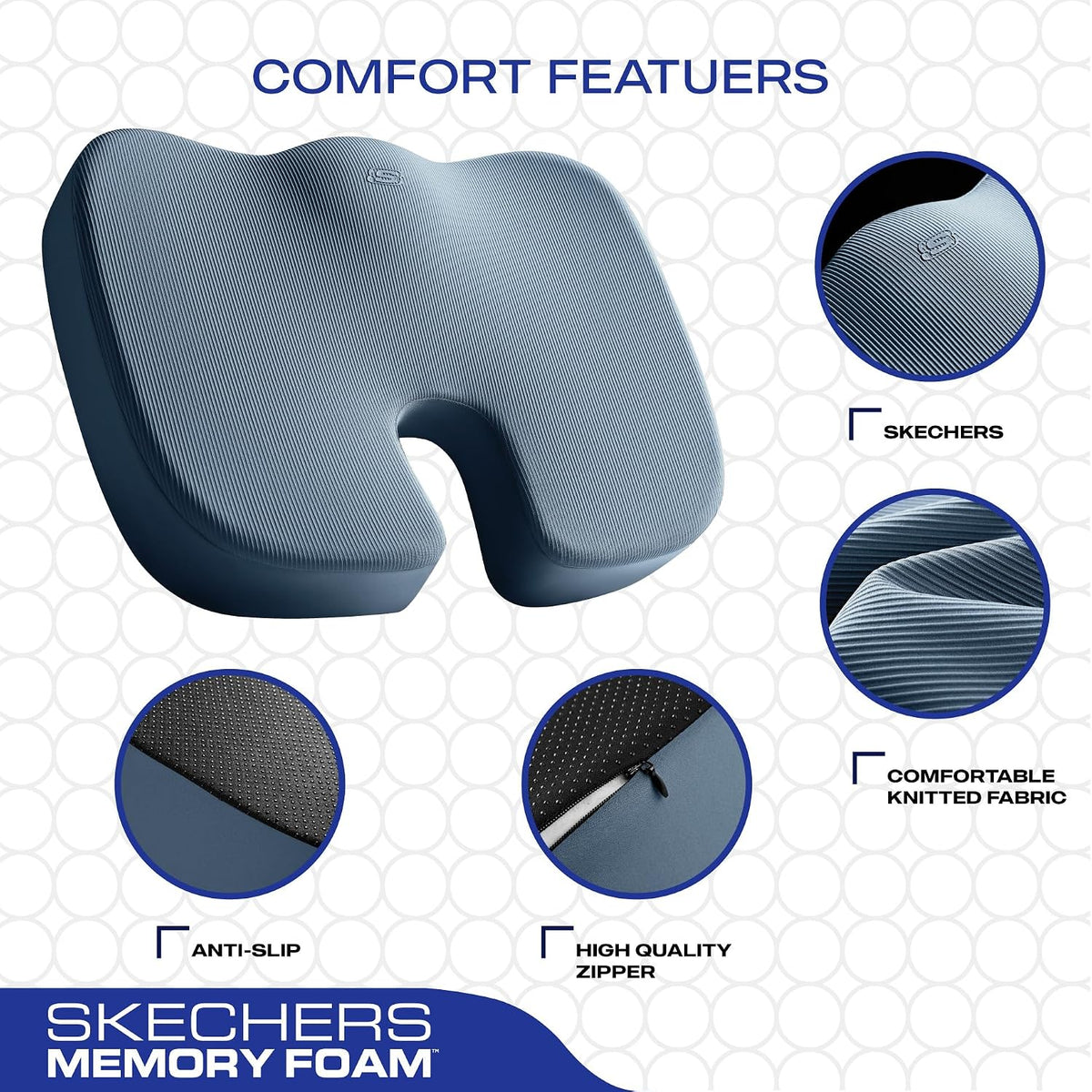 Skechers Memory Foam Seat Cushion,Office Chair Cushion for Tailbone Pain Relief,Butt Pillow for Office Chair,Car seat Cushion,Computer Desk,Long Sitting Office Workers,and Car Drivers,Blue