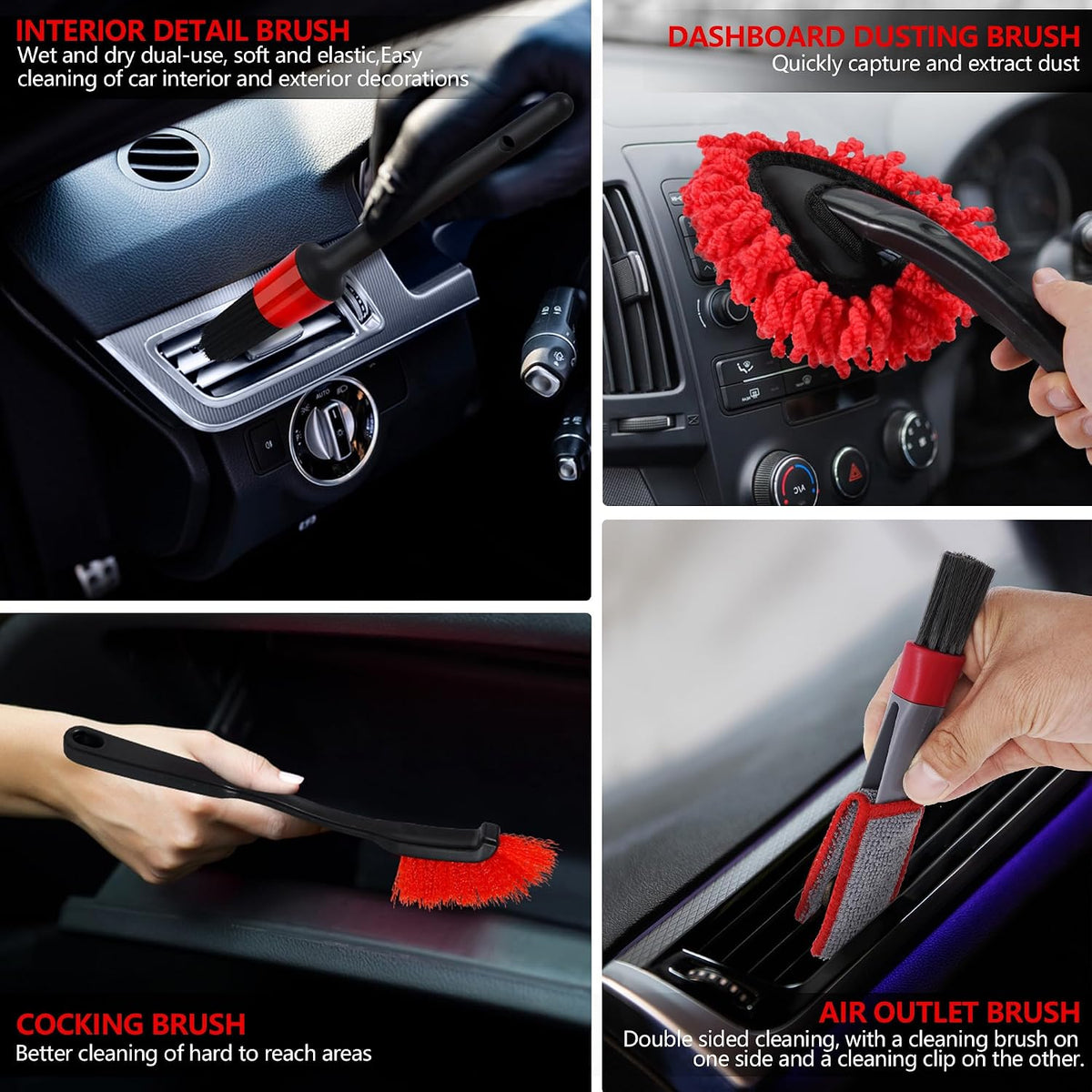 32Pcs Red Car Detailing Kit – Brush Set & Cleaning Kit with Drill Brush, Polishing/Waxing Pads, Interior/Exterior Tools for Wheels & Windshield – Portable Handbag