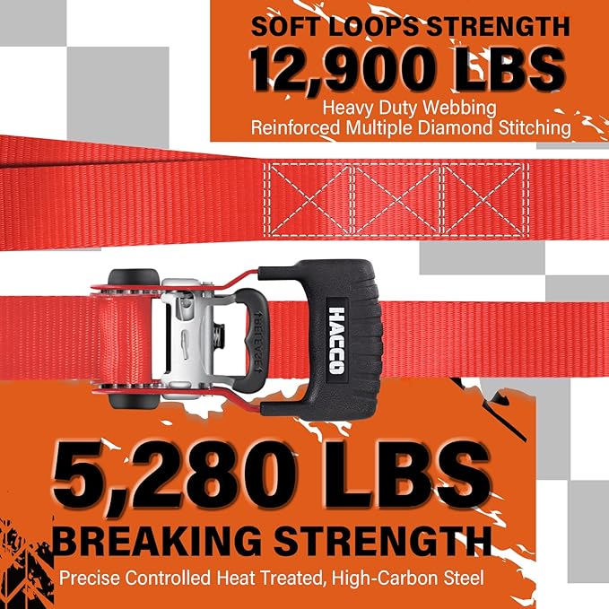 HACCOPLANET Ratchet Straps, 5280lb Break Strengeth, 1.6" Heavy Duty Ratchet Tie Down Strap Set w/Padded Handle, S Hook, Soft Loop for UTV Motorcycle Truck Cargo Straps (Red, 16FT)