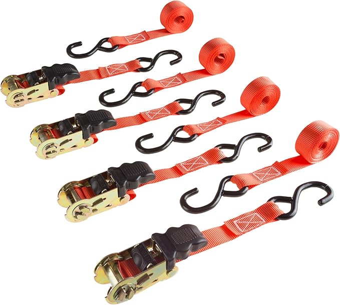 4-Pack Ratchet Tie-Down Straps - 10-Feet 1500lb Break Strength Cargo Straps for Camping, Hunting, Moving, Trailers, and Roof Racks by Stalwart