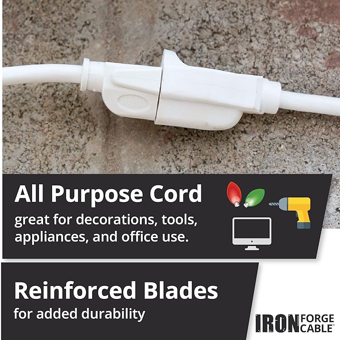 Iron Forge Cable Weatherproof 3 Ft Outdoor Extension Cord - 14/3 SJTW Heavy Duty White Extension Cord 3 Prong - 15 Amp Exterior Power Cable