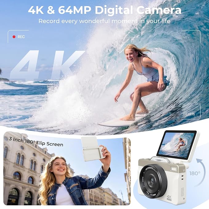 4K Digital Camera for Photography, 2026 Latest 64MP Autofocus WiFi Vlogging