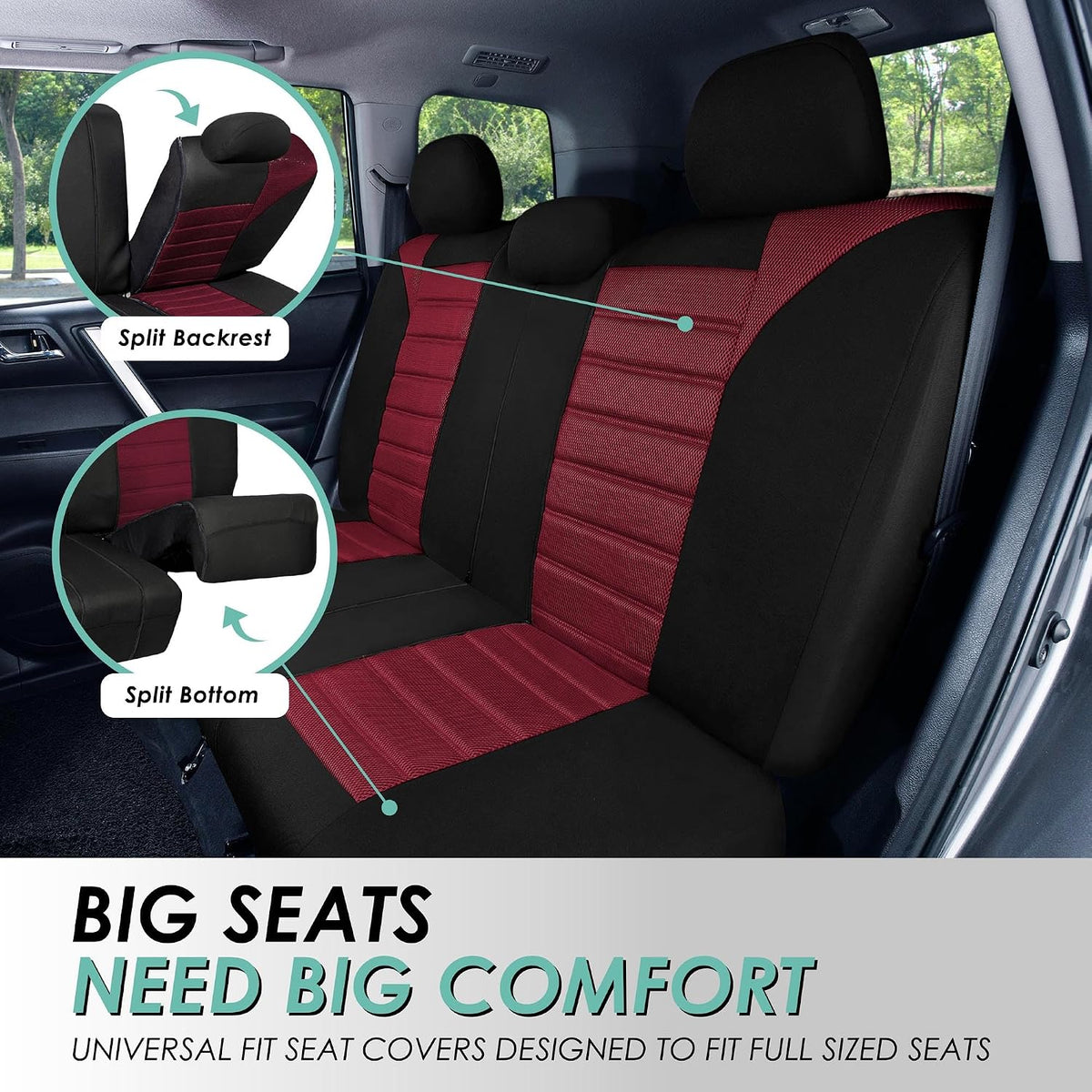 FH Group Car Seat Covers Full Set 3D Air Mesh - Universal Fit, Automotive Seat Covers,Low Back SeatCover,Airbag Compatible,Split Bench Rear Seat,Washable Car Seat Cover for SUV, Sedan Burgundy