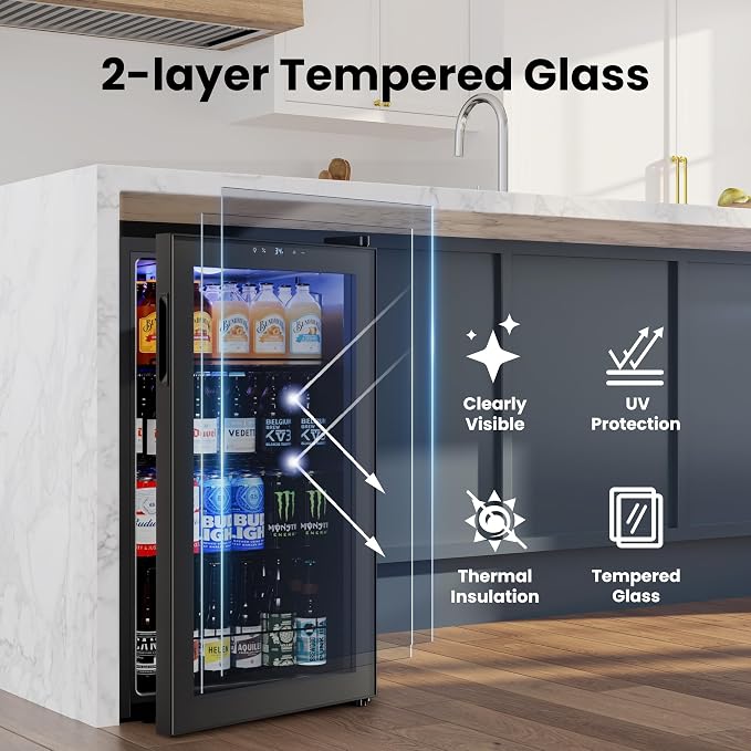 Yeego Beverage Refrigerator, 130 Can Mini Fridge with Glass Door, Adjustable Shelves, Digital Temperature Control 34°F-54°F, Drink Cooler for Soda, Beer and Wine, Freestanding or Under Counter, Black