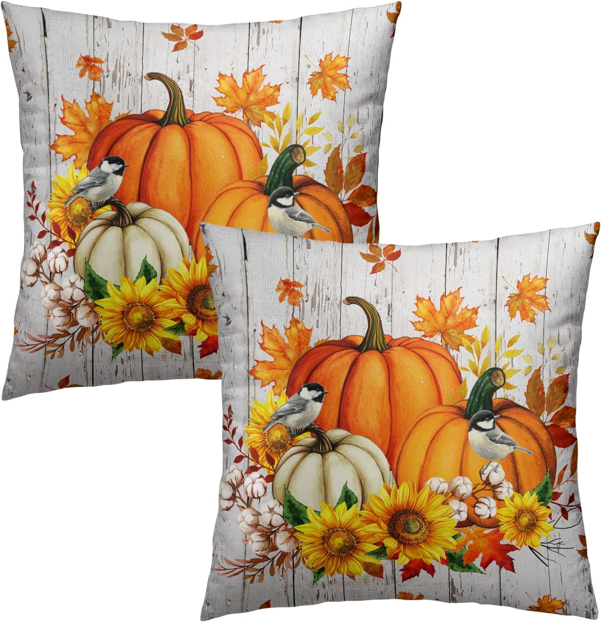 Giwawa Autumn Pumpkin Throw Pillow Covers 16x16 Inch Sunflower Wood Cotton Cushion Cases Set of 2 Seasonal Accent Pillowcase for Sofa Couch Patio