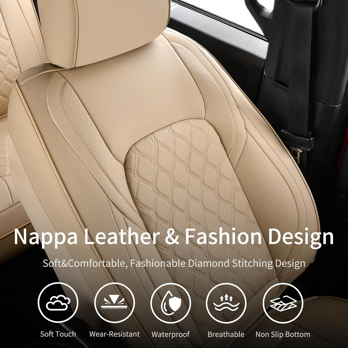 Huidasource F250 Rear Seat Covers, Beige Leather Back Seat Cushion Cover Fit for Ford F150 2015-2026&F250 F350 F450 2017-2026 Crew Cab XL XLT Lariat King Ranch Platinum, Split Rear Seat Cover