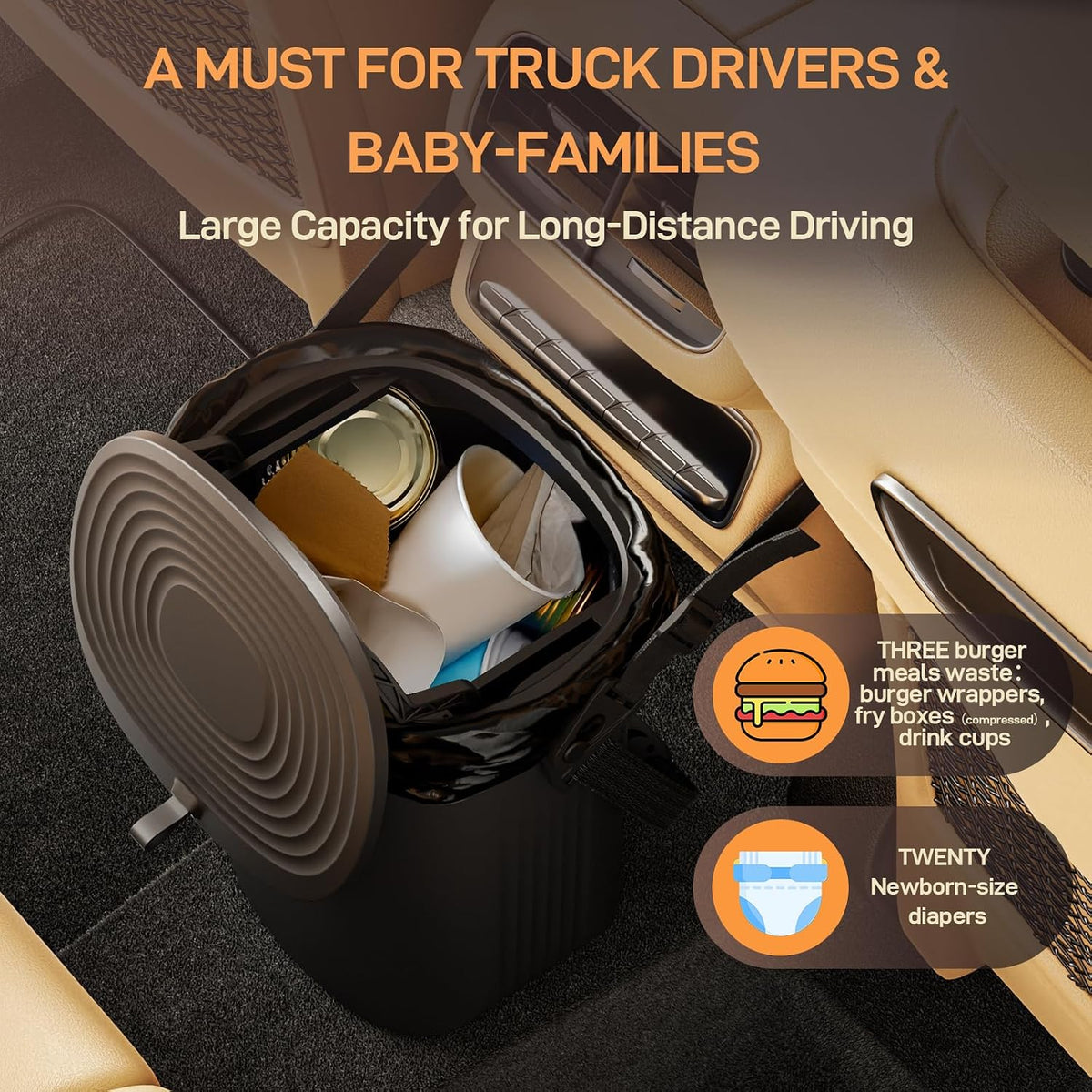 Waretary Car Trash Can with Lid, Leakproof Silicone, 2 Gallon, Black