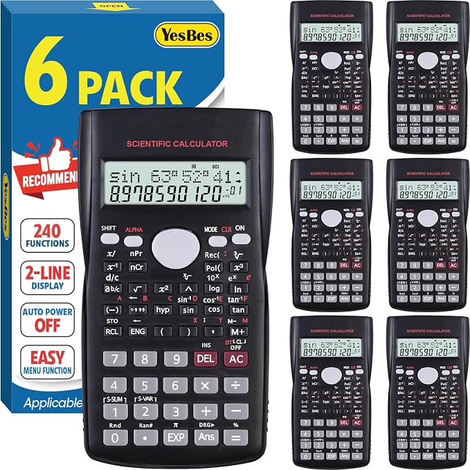 6 Pack Scientific Calculators Bulk, 2-Line Large Screen Display 240 Functions