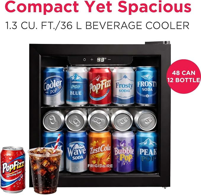 FRIGIDAIRE 12-Bottle Cooler, 1.2 Cu. Ft. Glass Door Beverage Refrigerator, Digital Display Mini Fridge with Touch Controls, Adjustable Shelves, LED Lighting & Quiet Compressor Cooling