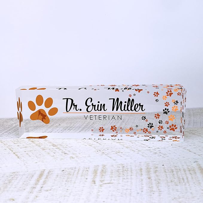 Artblox Office Desk Name Plate Personalized | Custom Name Plates for Desks | Vet Dog Design On Clear Acrylic Glass | Cute Office Desk Accessories Customized Gifts - (8" x 2.5")