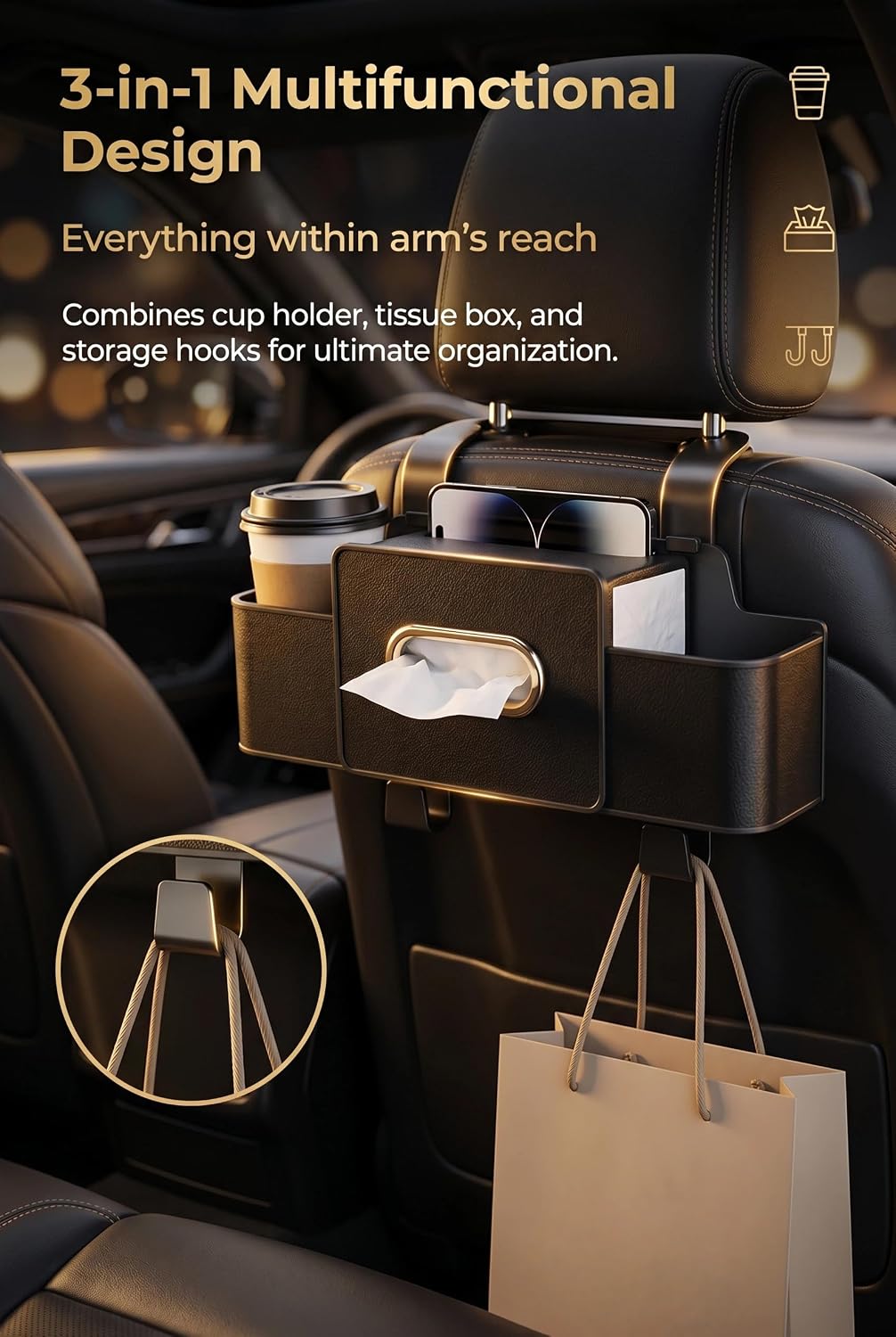 3-in-1 Back Seat Car Organizer, Waterproof Car Tissue Holder with Cup Holder & Hooks, Multifunctional Storage Box for Hold Phones Snacks Drinks Handbags (Black)