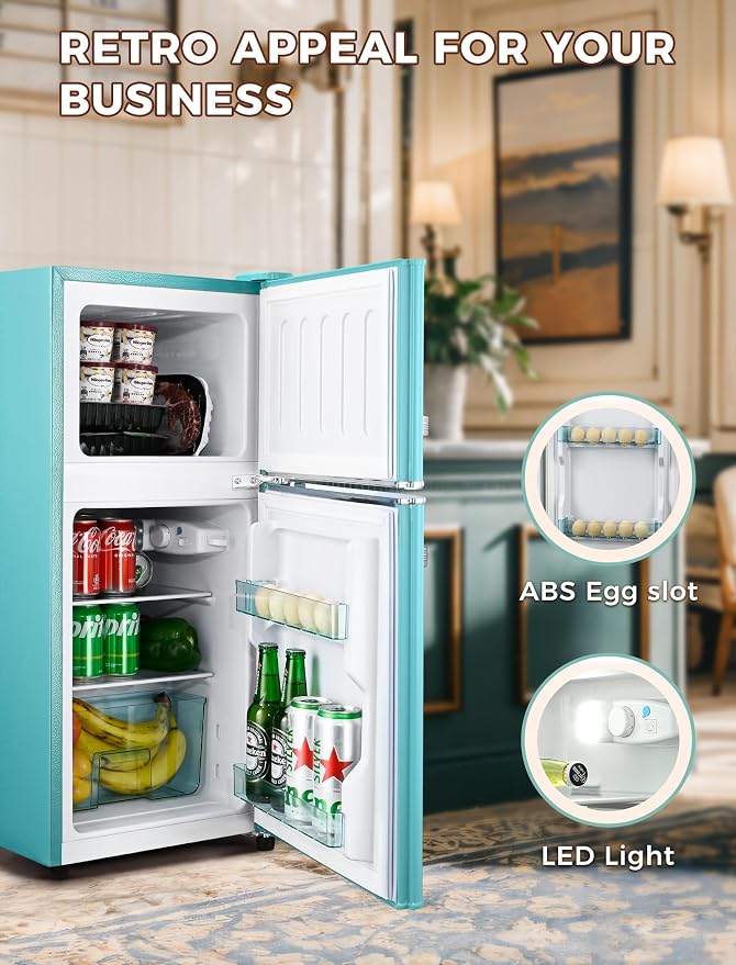 Anypro 3.2 Cu.Ft Refrigerator, Retro Double Door Fridge with Freezer, 7 Adjustable Temperature Settings, Removable Glass Shelves for Dorm, Office, Bedroom, Apartment, Blue