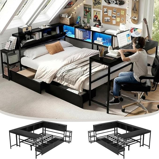 Twin Corner Bed Frame with Desk, LED Lights & Charging Ports, L-Shaped Daybed with Storage Drawers, Bookcase & Open Shelves, Modern Twin Size Daybed for Kids, Teens & Compact Bedrooms,Black