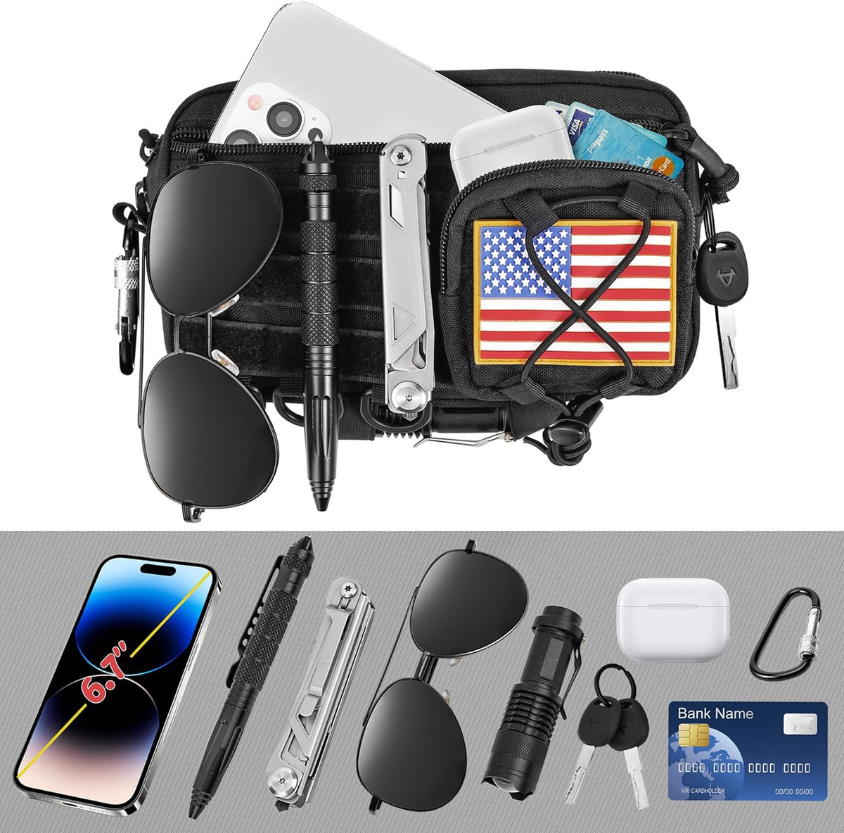 Skiennix Tactical Molle Pouch - Water-Resistant Admin Pouch with US Flag Patch | Versatile Utility for Vests & Backpacks
