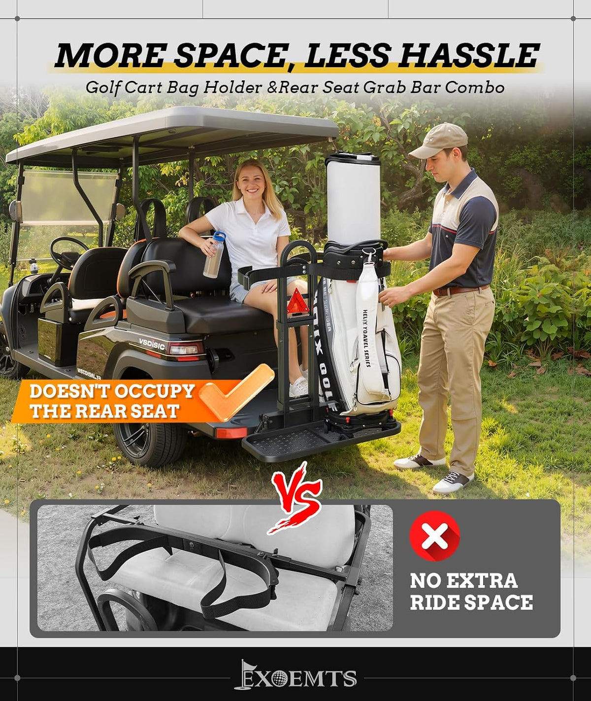 Universal Golf Cart Bag Holder & Grab Bar Combo, Foldable Golf Cart Rear Seat Bag Holder Rack & Safety Bar for Club Car EZGO Yamaha with Metal Pedal, Space-Saving, Convenience, Security, Easy Install