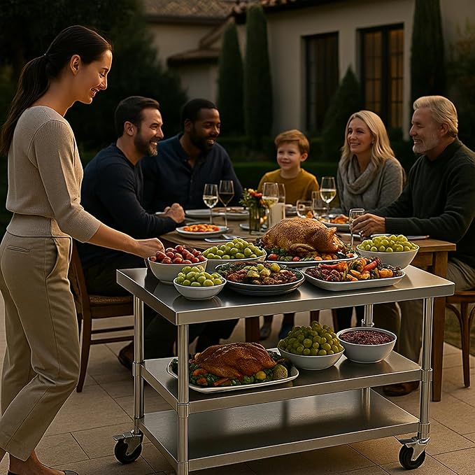 Stainless Steel Table with Wheels for Food Preparation and Work, Multi-Size Optional, Three-Layer Variable Two-Layer Metal Commercial Workbench Outdoor, Restaurant, Kitchen (60" Lx24 Wx34 H)