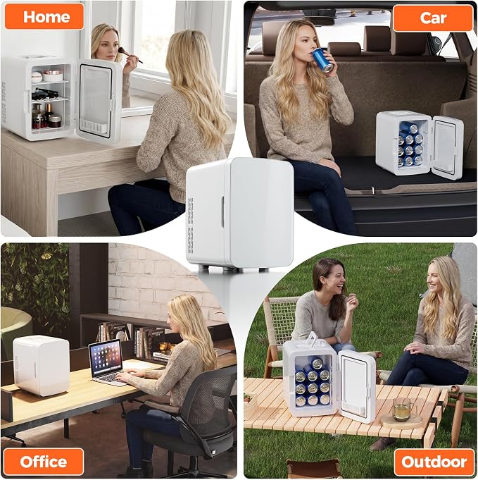 OSTBA 10L Mini Fridge, 10 Liter/15 Cans Mini Fridge for Bedroom, 110V AC/ 12V DC Thermoelectric Cooler and Warmer, Portable Mini Fridge for Skincare, Makeup, Drink, Car, Office, Bedroom, Dorm, White