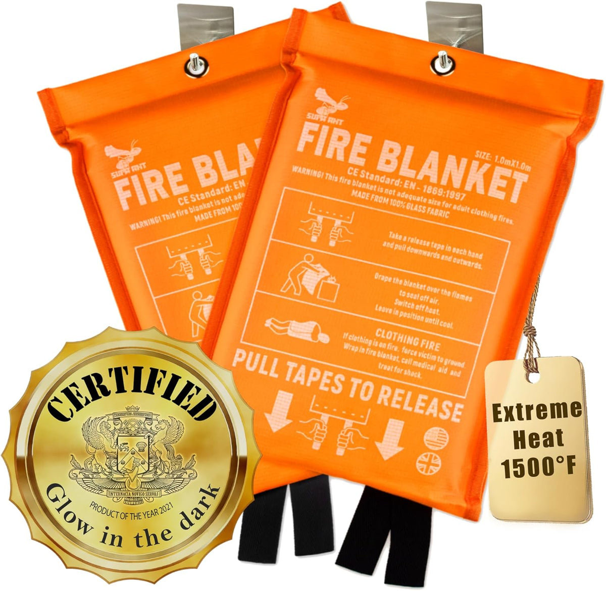 Supa Ant Fire Blanket - 1500°F CE Certified Emergency Fire Safety Solution | 500GSM Fiberglass - 2 Pack (40x40 Inches)