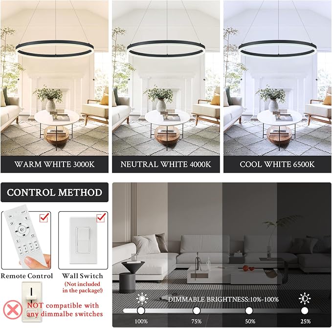 Modern LED Pendant Lighting Ring Chandelier Black Dimmable LED Chandelier