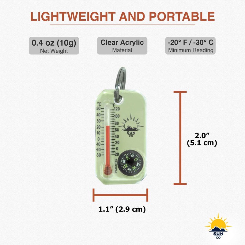 Sun Company LumaGage | Multi-Functional Glow-in-The-Dark Zipper Pull Compass & Thermometer with Wind Chill Chart | Ideal for Camping, Hiking, and Outdoor Navigation