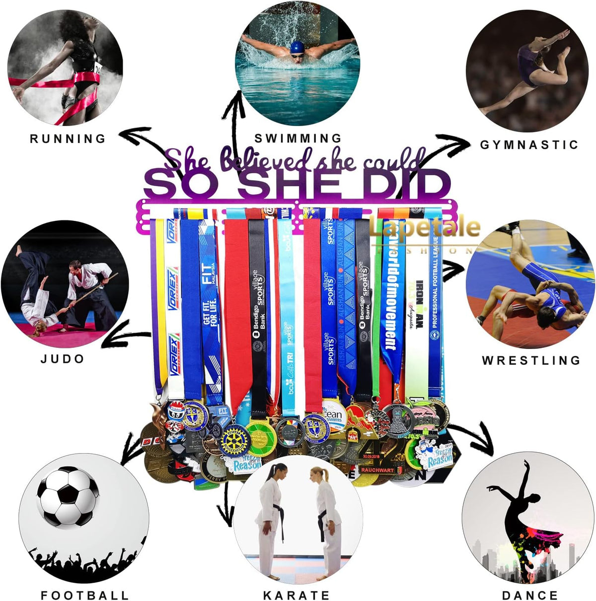 Sports Medal Holder - 16" Wall Rack for Awards & Ribbons | Easy Installation for Gymnastics, Soccer, Softball