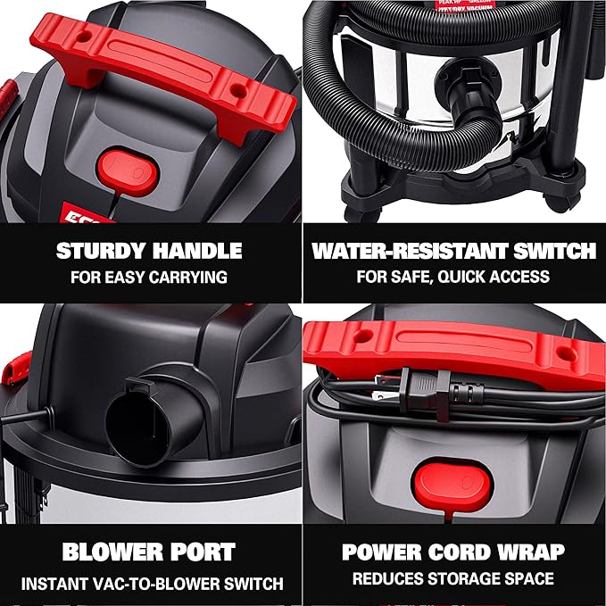 ECOMAX Shop Vacuum Wet and Dry 5 Gallon 4 HP Stainless Steel Wet Dry Vac with Powerful Suction and Blowing Function, Portable 3 in 1 Shop Vacuum for Home, Garage, Car, Jobsite and Workshop, EM18115