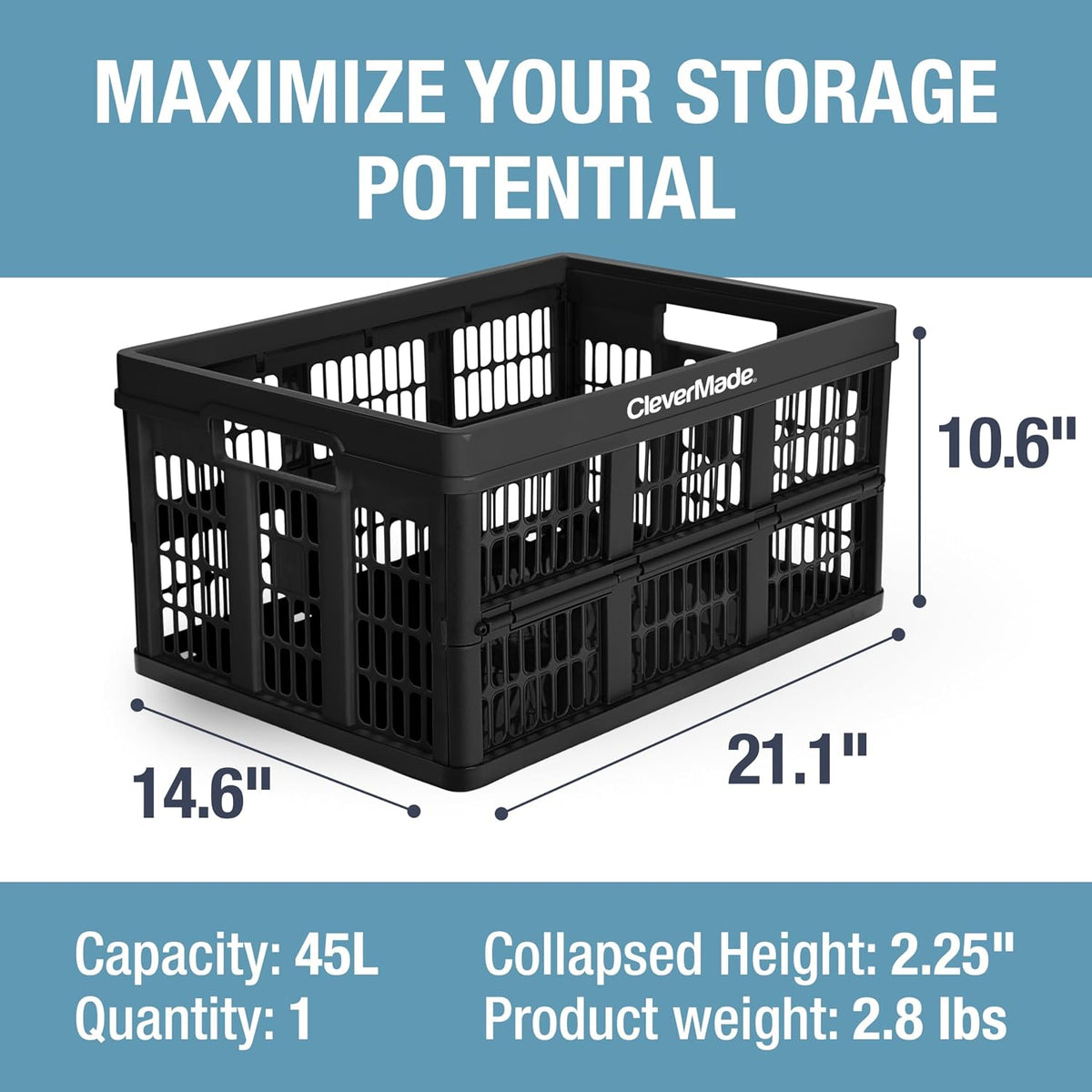 CleverMade Collapsible Utility Crate (Recycled) - 45L - Obsidian (3PK)