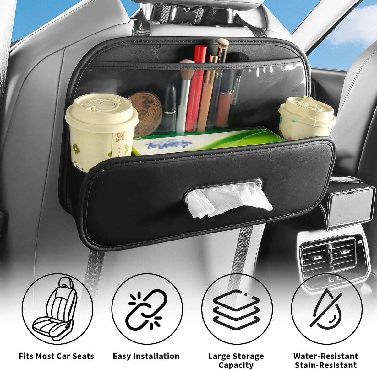 Car Back Seat Organizer,Storage with Cup Holder Tissue Box Holder