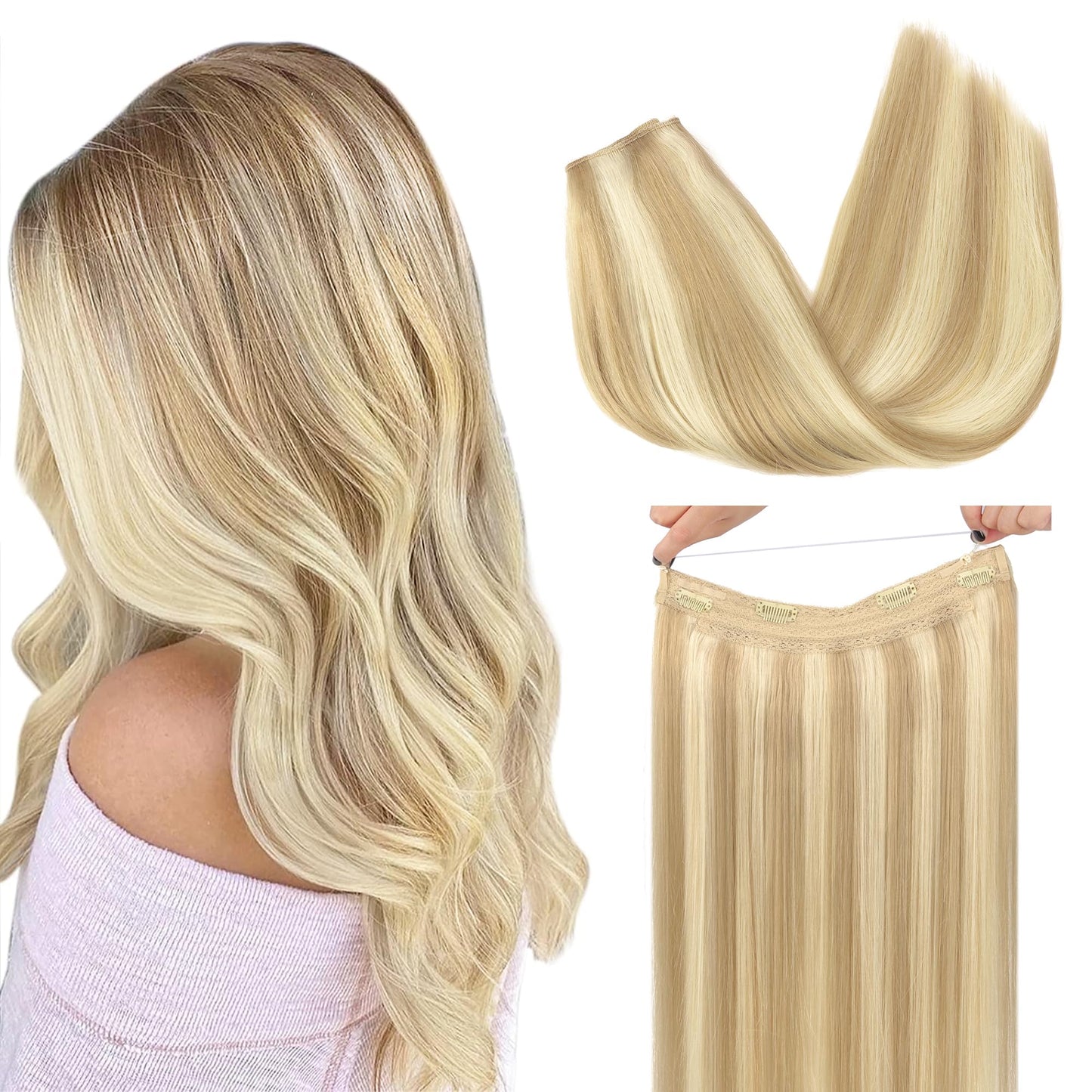 Goo Goo Wire Hair Extensions Human Hair, 18A/613A Dark Blonde Mix Bleach Blonde Highlighted 12Inch 70G, Invisible Wire Hair Exte