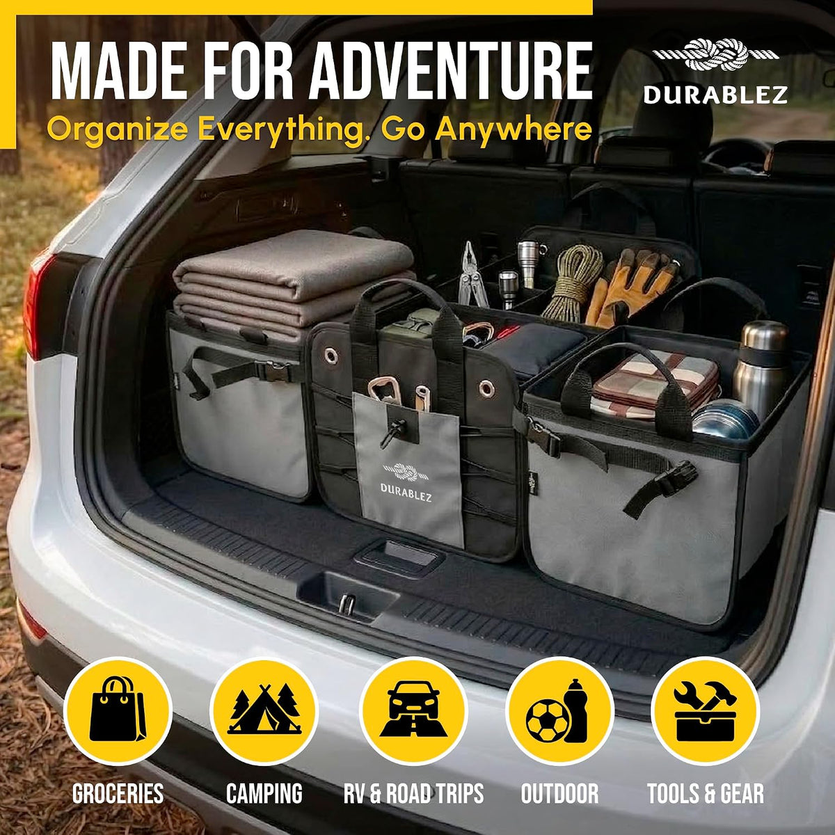 Modular 4-Section XL Trunk Organizer – Car Storage for Groceries, Tools, Sports Gear, Emergency Kits – Extra Large Multi-Compartment Cargo Box, Collapsible &amp; Heavy Duty – Gray