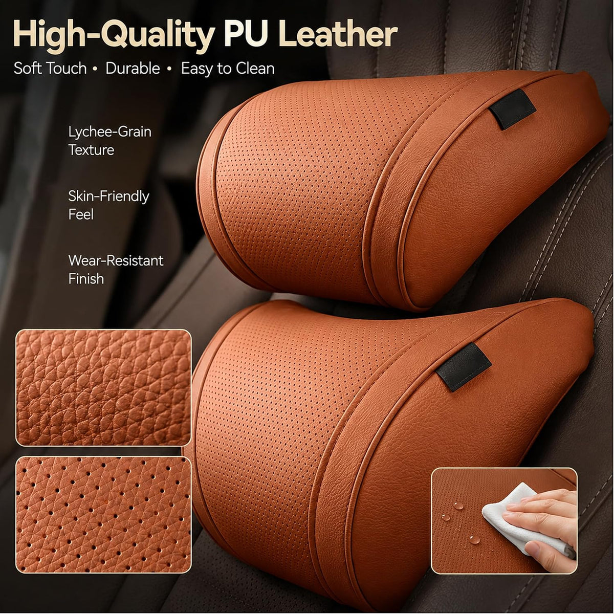 Ergonomic Headrest and Lumbar Support Set for CarSeats, Leather Car HeadrestPillows, Luxurious MemoryFoam Car NeckPillow (Red, Headrest Cushion)