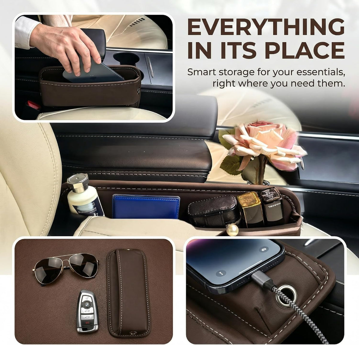 Car Seat Gap Organizer | PU Leather Seat-Side Storage Pocket with Cable Port | Fits Most Cars, SUVs and Trucks | White