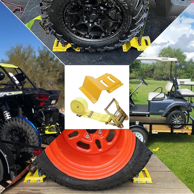 Wheel Chock Tie Down Kit 1500LBS for Trailer & Pickup Trucks - ATV, RZR, Lawn Mower, UTV Tie Down Straps -Heavy Duty Trailer Tire Straps System (2-Wheel Set)