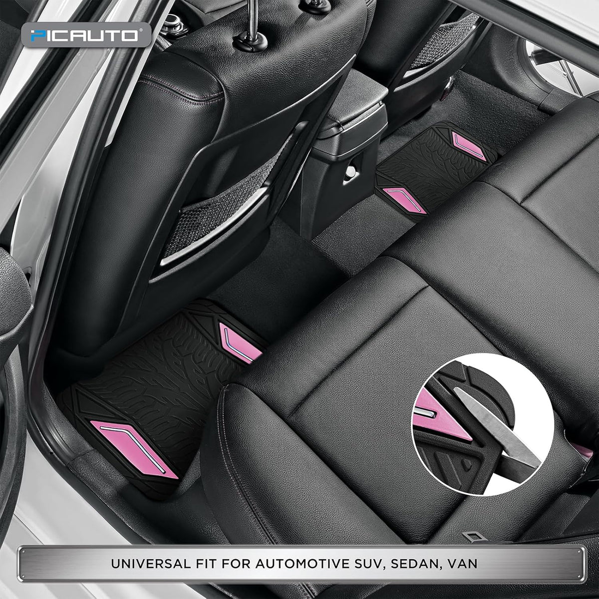 PIC AUTO Rubber Floor Mats, Pink Aluminum Film with Colorful Piping Floor Mats for Cars, Car Mats with Non-Slip Backing, All-Weather Protection, Trim-to-Fit Liner for Cars, SUVs, Trucks, Vehicles