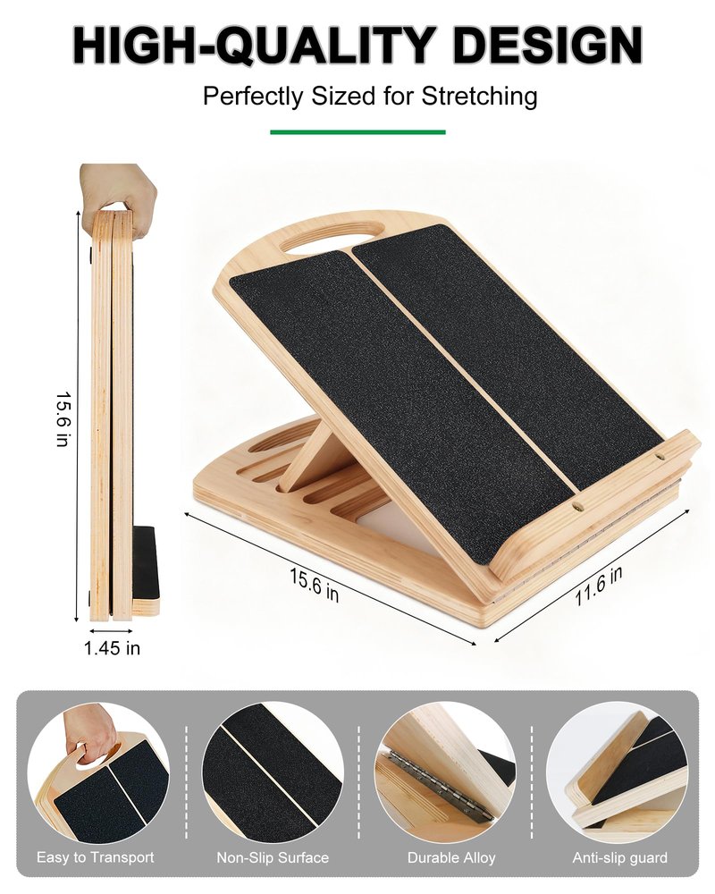 Slant Board for Calf Stretching, Adjustable Wooden Incline Board with Anti Slip Barrier, 300LB Capacity Portable Calf Stretcher for Physical Therapy, Squats, Ankle & Heel Support at Home/Gym