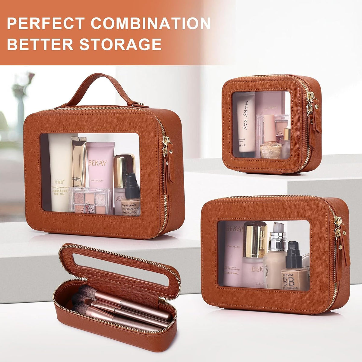 Pinkmik Clear Makeup Bag with Brush Bag, (Brown, L+SLIM)