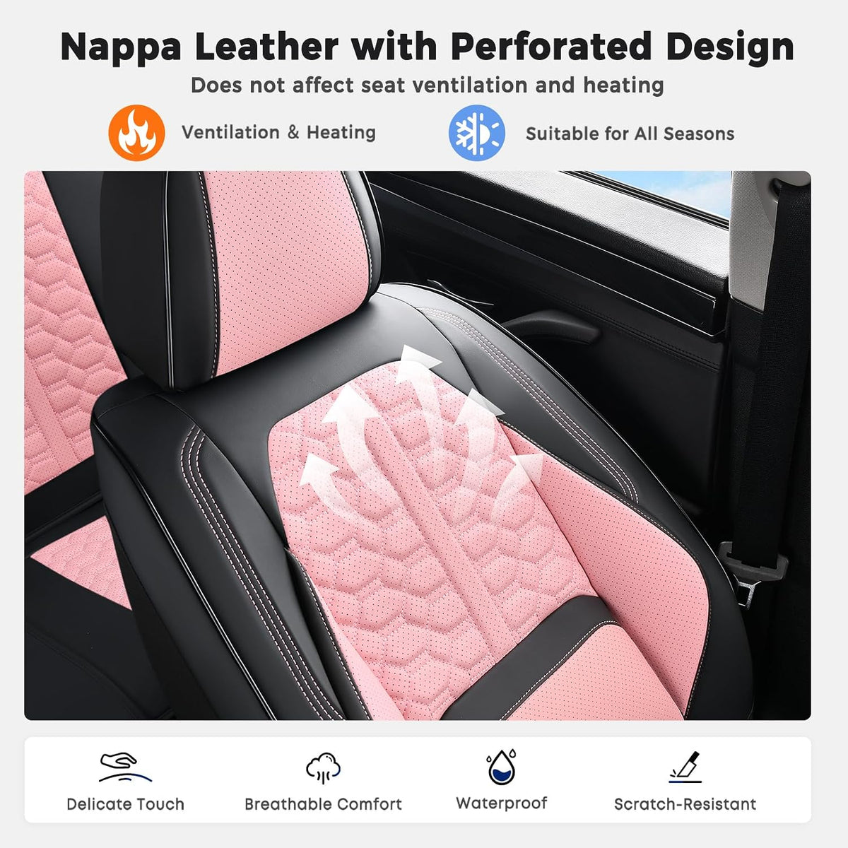 Huidasource Front Seat Covers Universal Fit for Most Cars SUV Trucks, Automotive Leather Seat Cushion Covers Protector with Lumbar Support, Waterproof Seat Cover Front Seat, Black & Pink