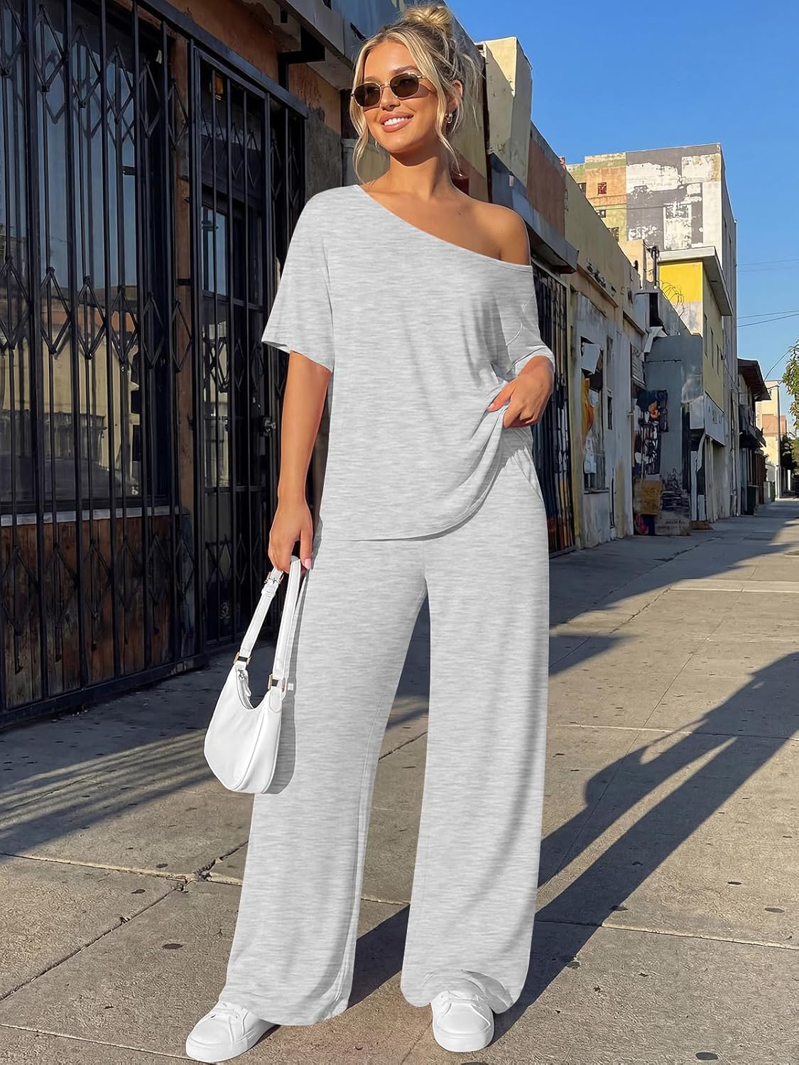 Trendy Queen Women's 2-Piece Lounge Set - Off-Shoulder Oversized T-Shirt & Wide Leg Pants | Casual Travel Outfit