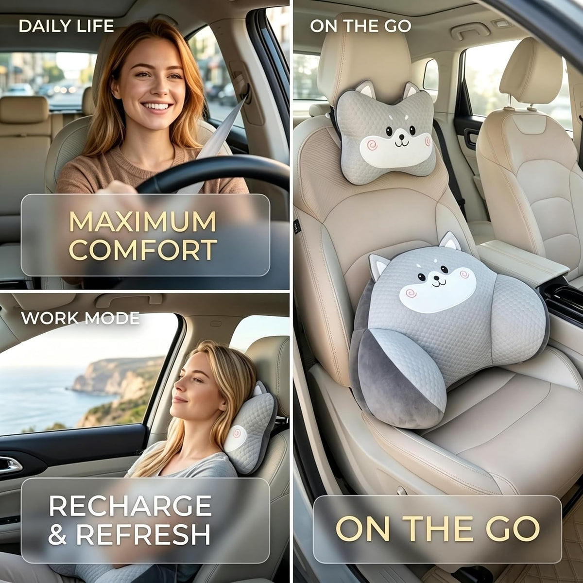 Car Neck Pillow and Lumbar Support Set, Cute Animal Soft Plush Ergonomic Back Cushion for Driving, Travel Seat Headrest Pillow(Set of 2) (Dog)