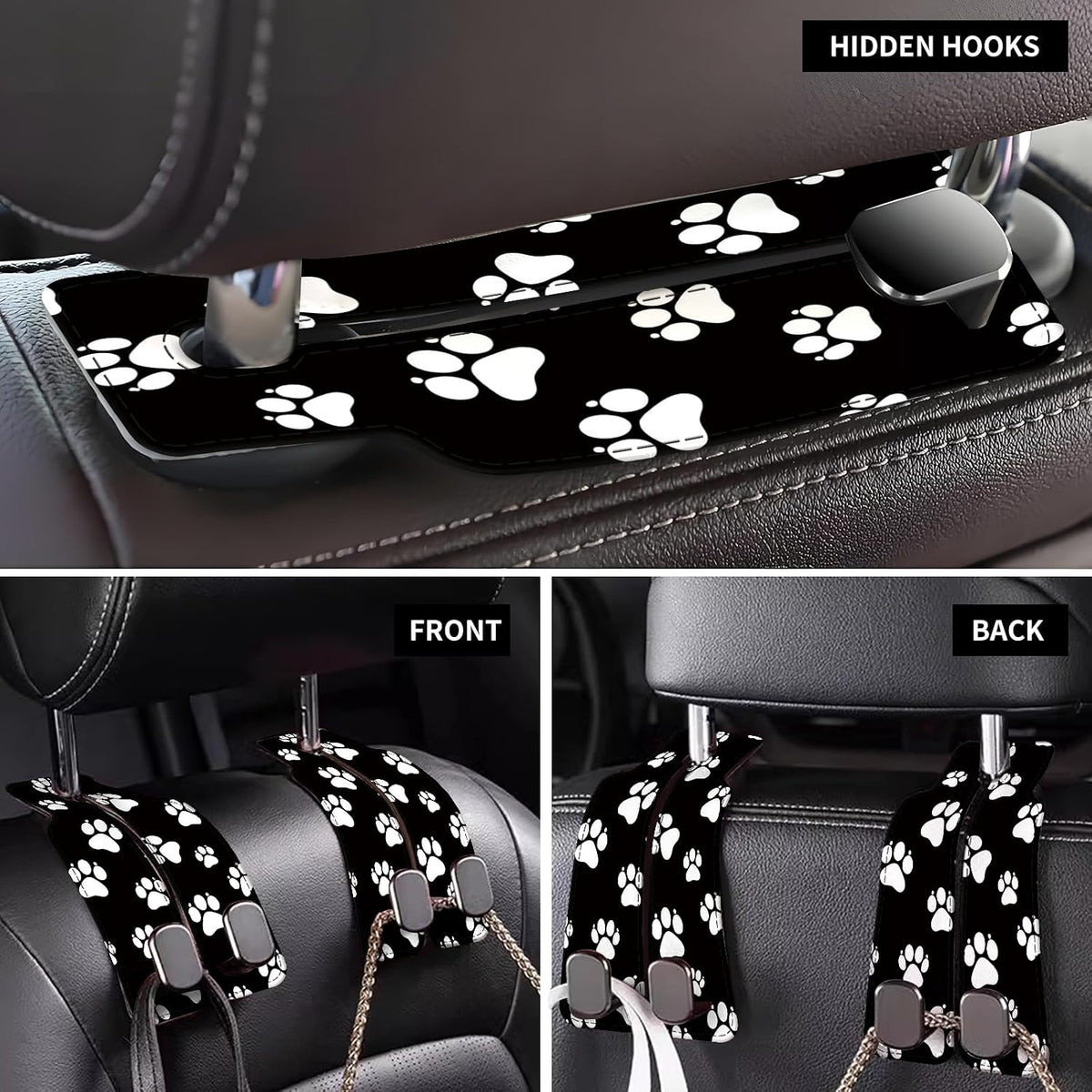 Car Seat Back Storage Headrest Hook, Premium Leather Double Metal Hook, Hanger Storage Organizer for Purse Cloth Bag, Car Interior Accessories Black White Dog Paws