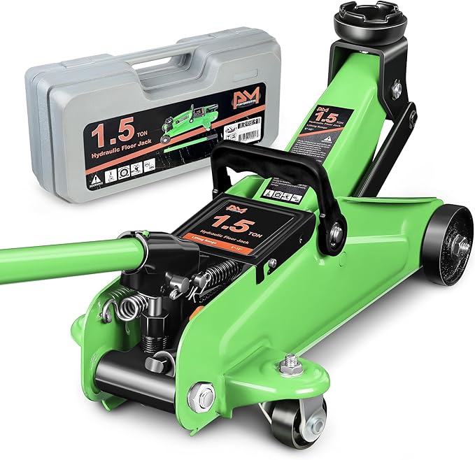 PM PERFORMOTOR Low Profile Hydraulic Trolley Service/Floor Jack, 1.5 Ton (3000 lbs) Capacity, Lifting Range 5.3"-12",Green,PM-TOL-FJ15-GR