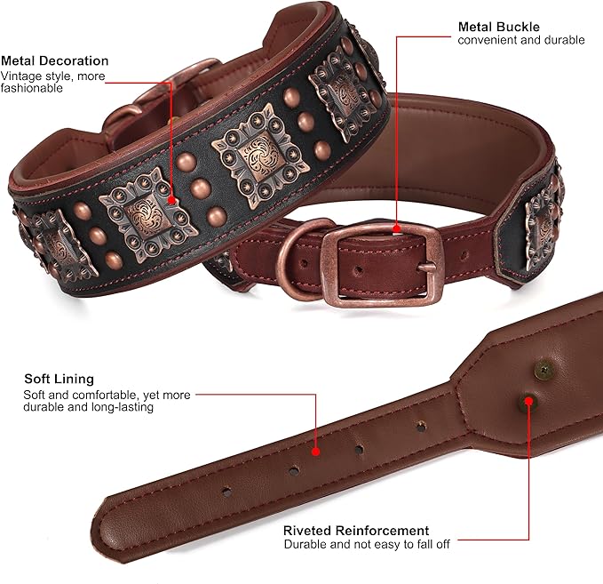PET ARTIST Genuine Leather Dog Collar for Large Dogs, 2 inch Wide Luxury Dog Collar with Rivet Studded & Metal Buckle, Comfortable & Stylish Pet Collars for Great Dane Rottweiler,Black,Neck 22-25"